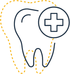 Animated tooth with cross signifying emergency dental care