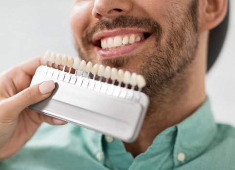 closeup of a smiling patient with a color guide