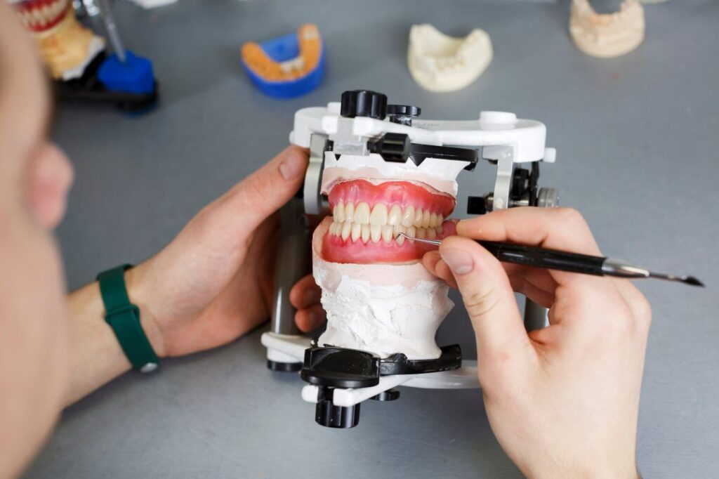 A pair of dentures being made in a dental lab